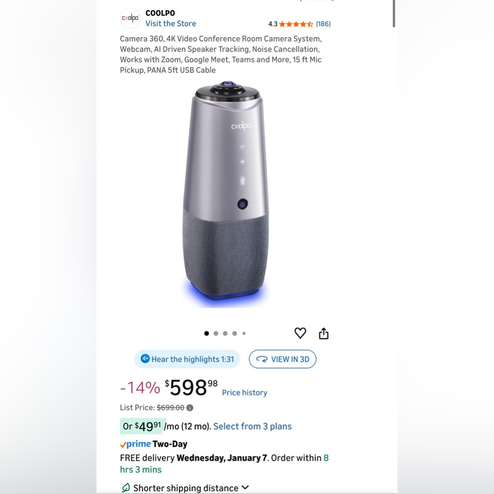 COOLPO 360 degree AI video camera, microphone, and speaker